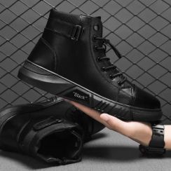 Wholesale 4 pairs Mens High Top Black PU Boots